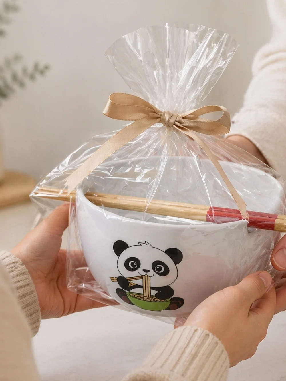 White Panda Ceramic Noodle Bowl with Red-Tip Chopsticks - Picture 3 of 8